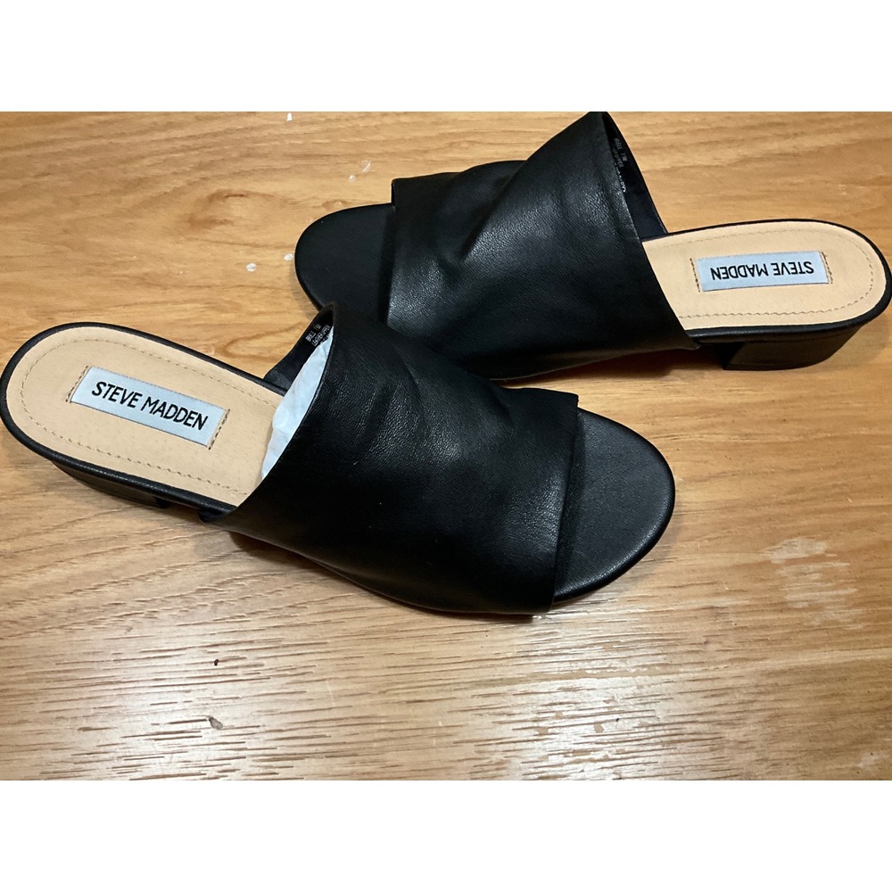 Steve Madden Briele Black Leather Slide Sandals Low Block Heel Mules Womens 7.5M